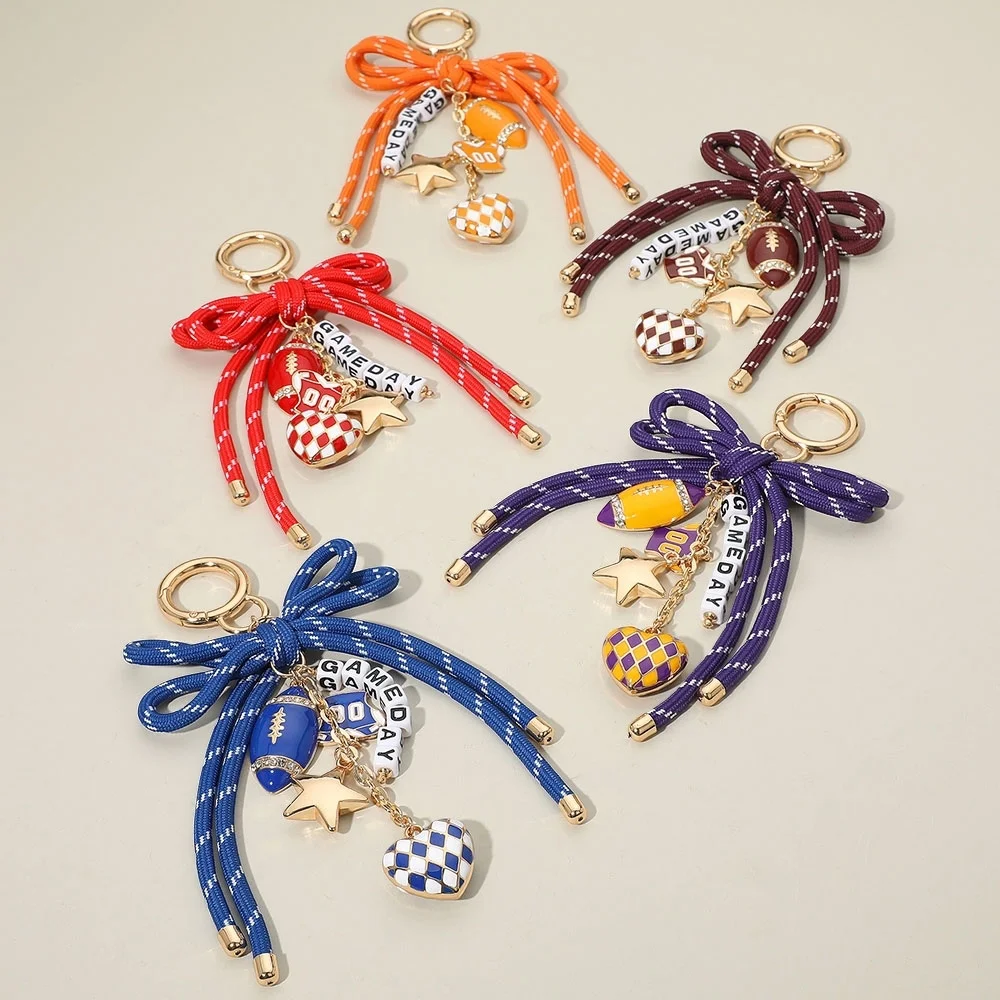 Navy Orange GAME DAY Rope Bow Football Dangle Charms Beaded Purse Keychain